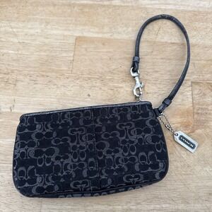 COACH Mini Wristlet Black w/ metallic Signature C Print Leather Trim Silver Tag